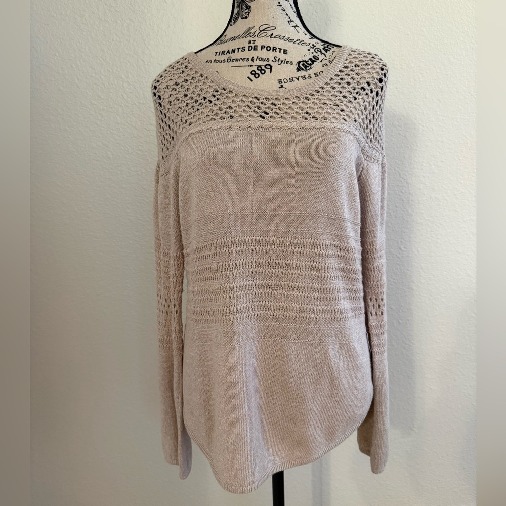 Knox Rose Beige Open Knit Lightweight Sweater Size Medium Boho Crochet Detail